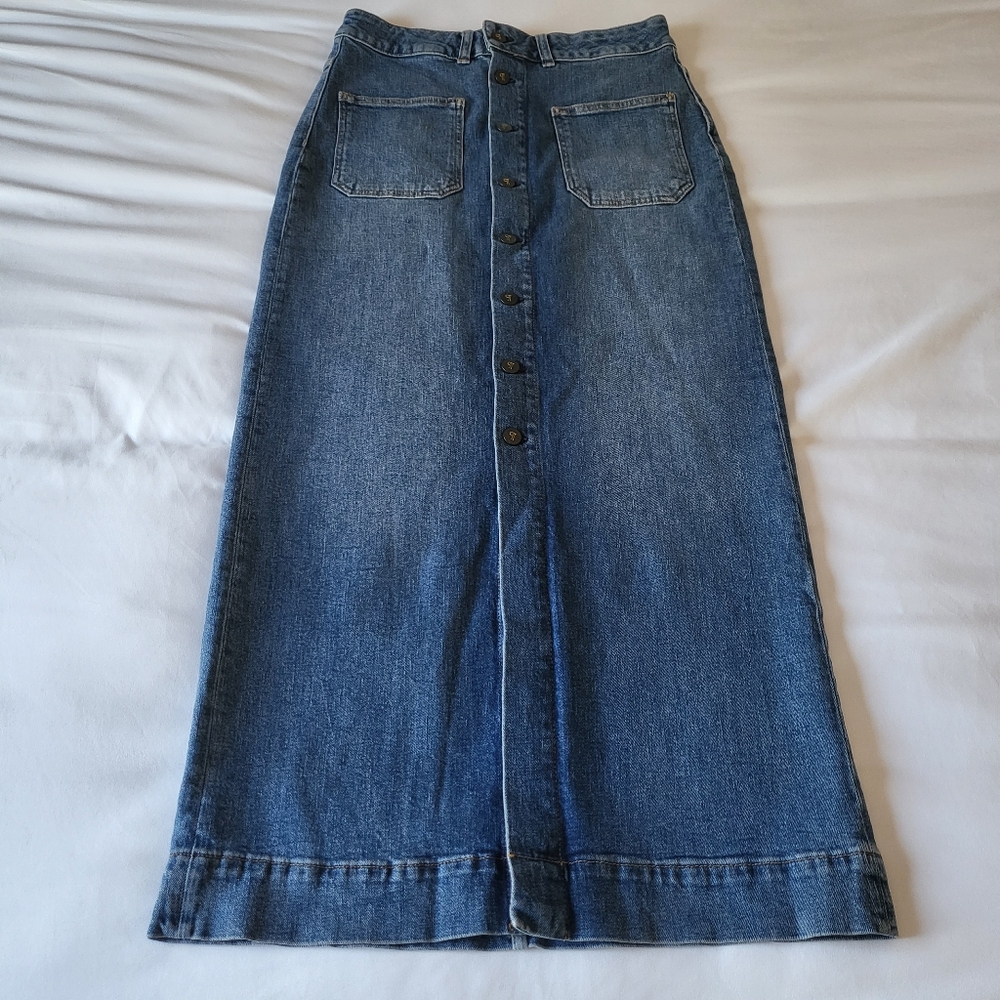 Pilcro Anthropologie Button Front Denim Midi Skirt Patch Pockets Size 10 - Picture 3 of 11